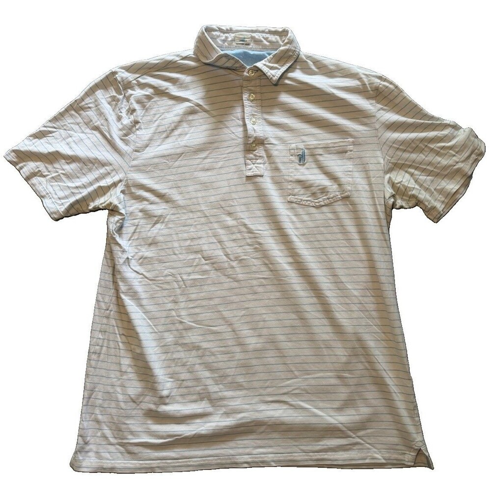 Johnnie-O Polo Shirt Mens Large White Blue Striped Hangin Out Pocket Pullover